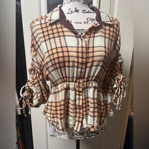 We The Free Orange and Cream Plaid Button-Down Shirt